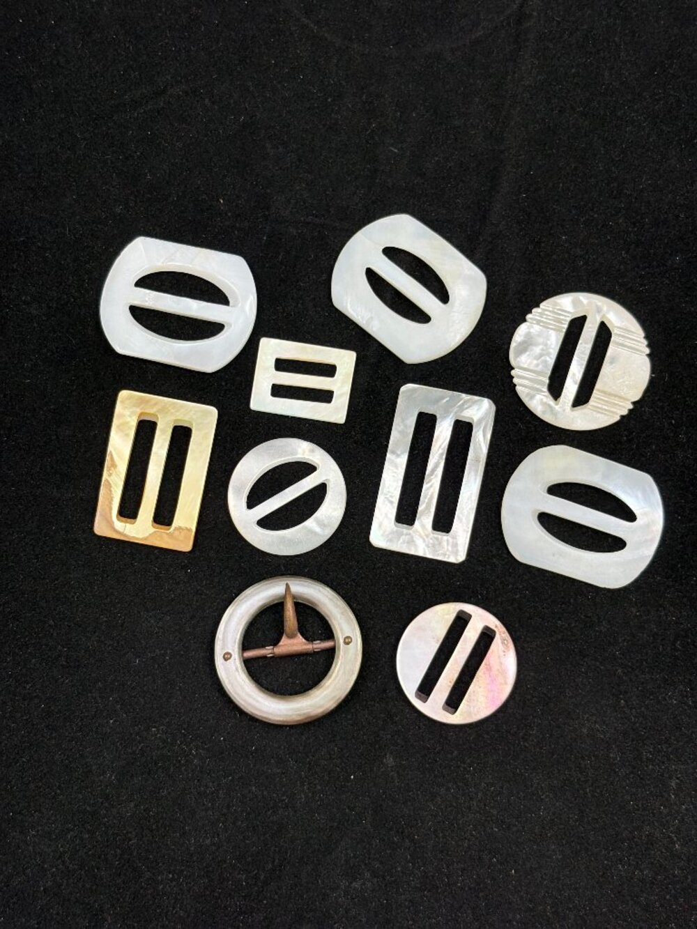 Lot of 10 Antique Victorian Carved Mother of Pearl Belt or Sash Buckle w/Brass